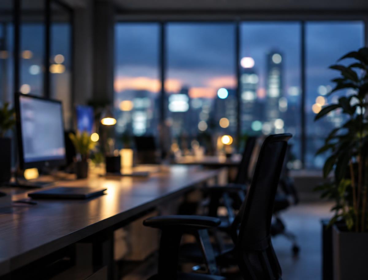 Softly blurred modern office at dusk