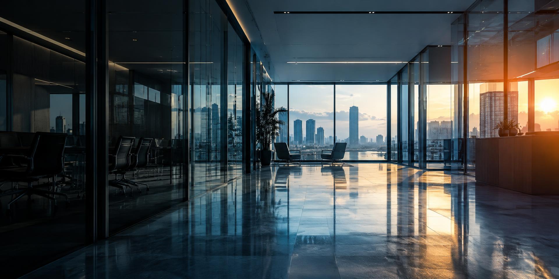 Quiet modern office with city views at sunrise