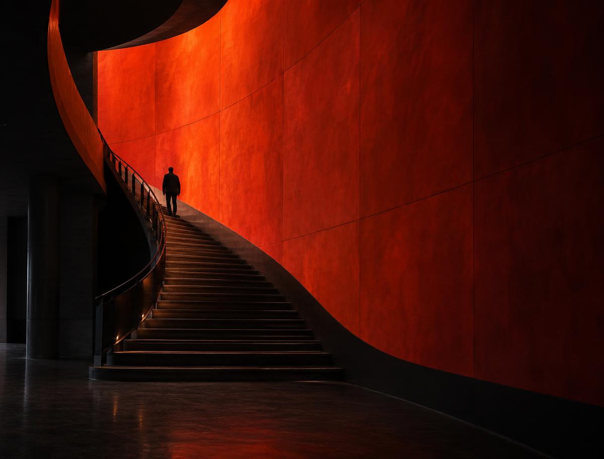 Figure climbing a staircase beside a red wall