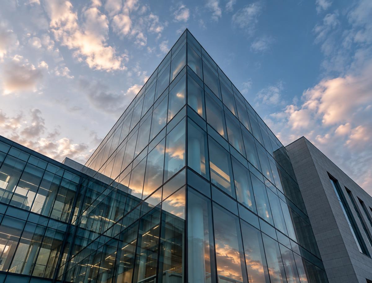 Glass campus building against an evening sky